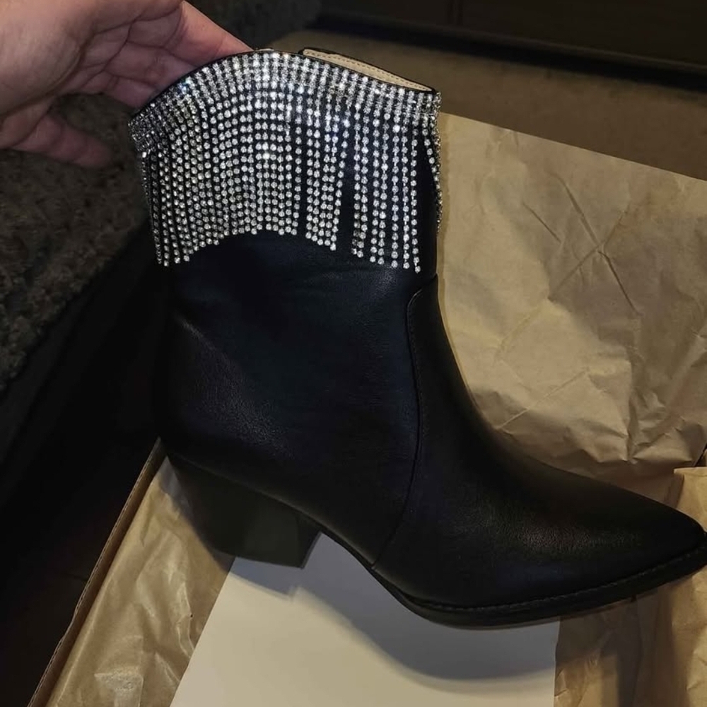 Buckle Black Heeled Boots with Silver Fringe
